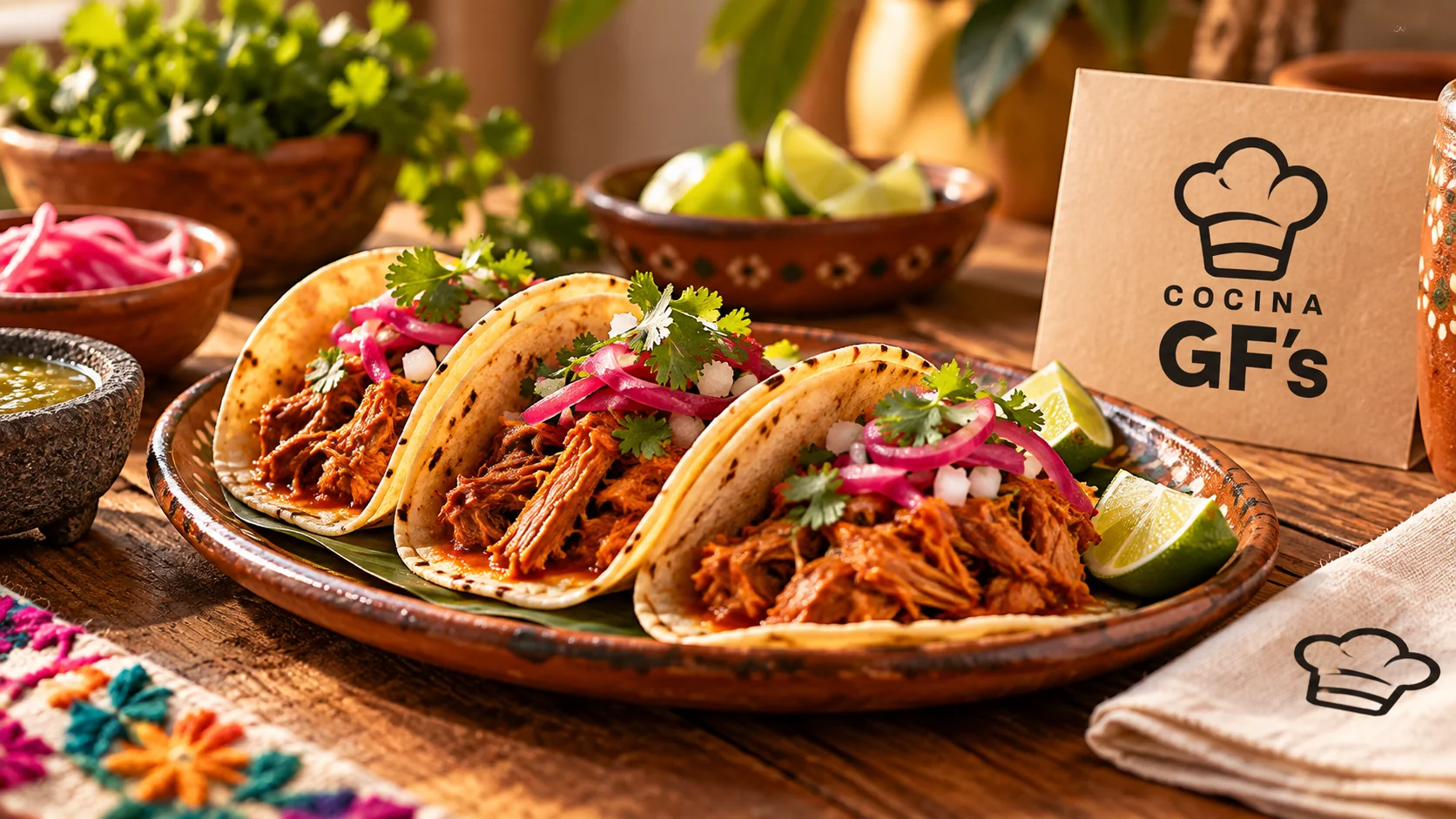 Tacos de Cocina Los GF’s servidos con limón y salsa en una mesa cálida