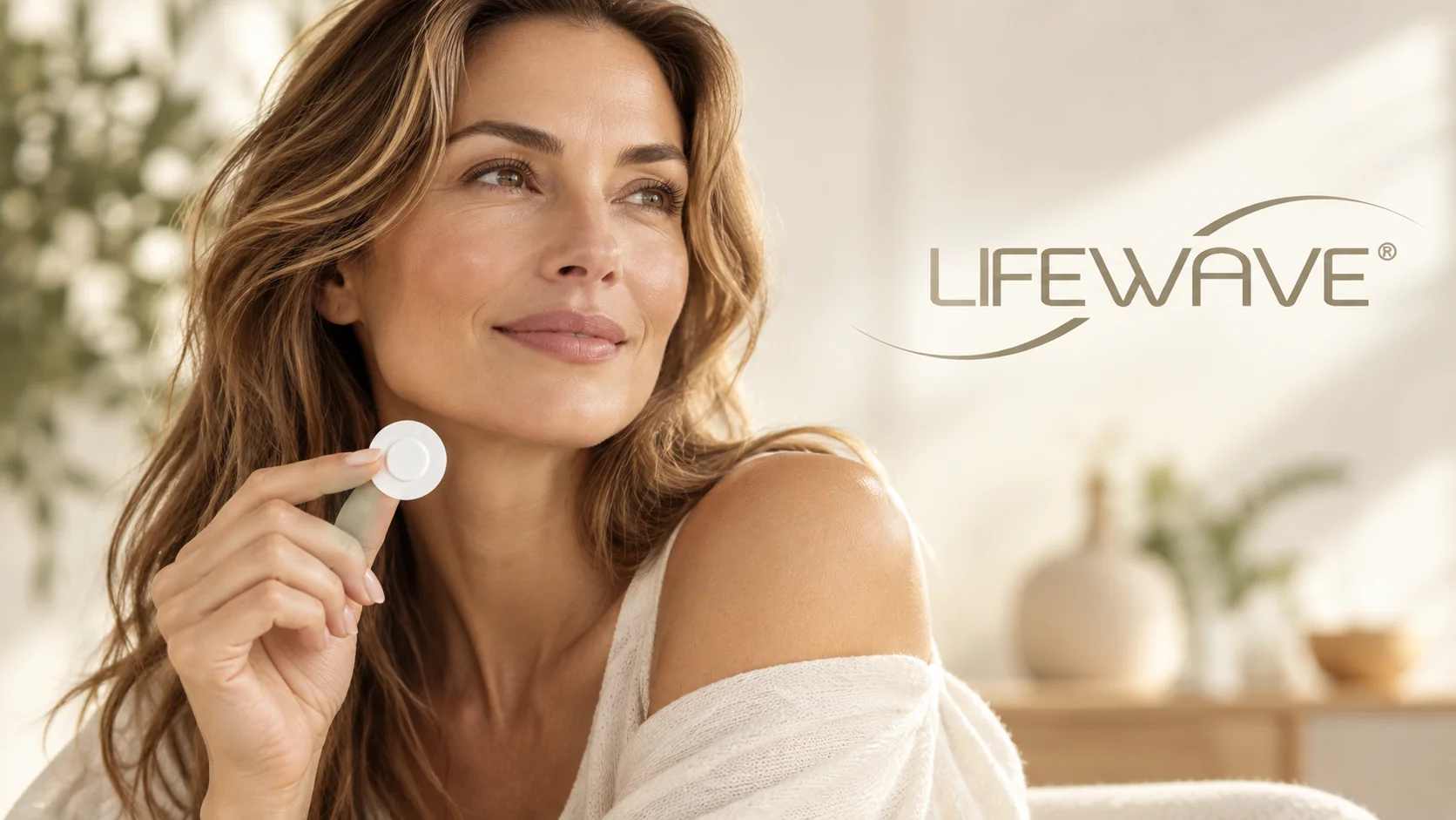 Imagen lifestyle de LifeWave: mujer sosteniendo un pequeño parche entre los dedos