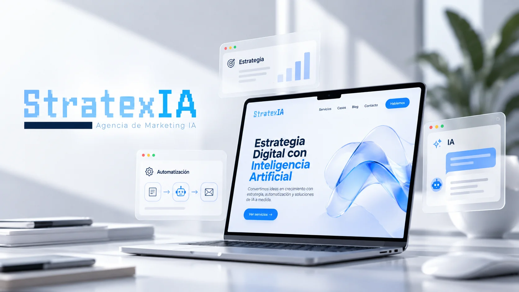 Composición de Stratexia con una página web en computadora e interfaces digitales