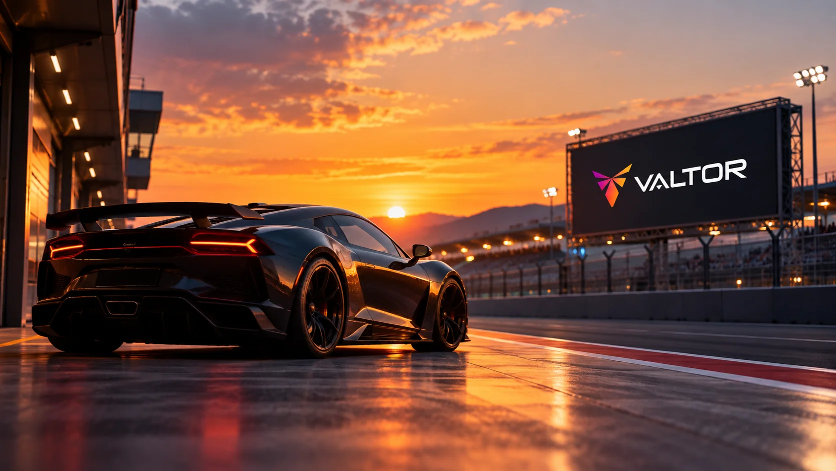Automóvil deportivo en el autódromo VALTOR al atardecer